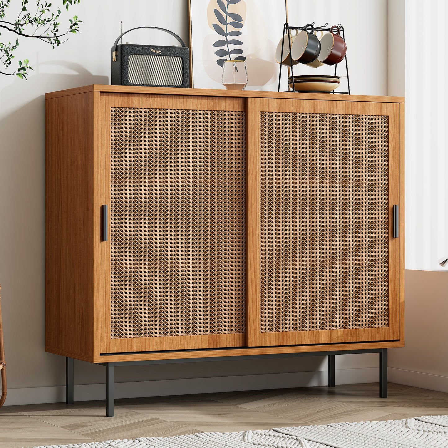 Sideboard, Kitchen Cabinet, Storage Cupboard With Rattan Decorated Doors, With 2 Sliding Barn Doors, 10 0 X 37 X 90 Cm, Adjustable Shelves, Walnut