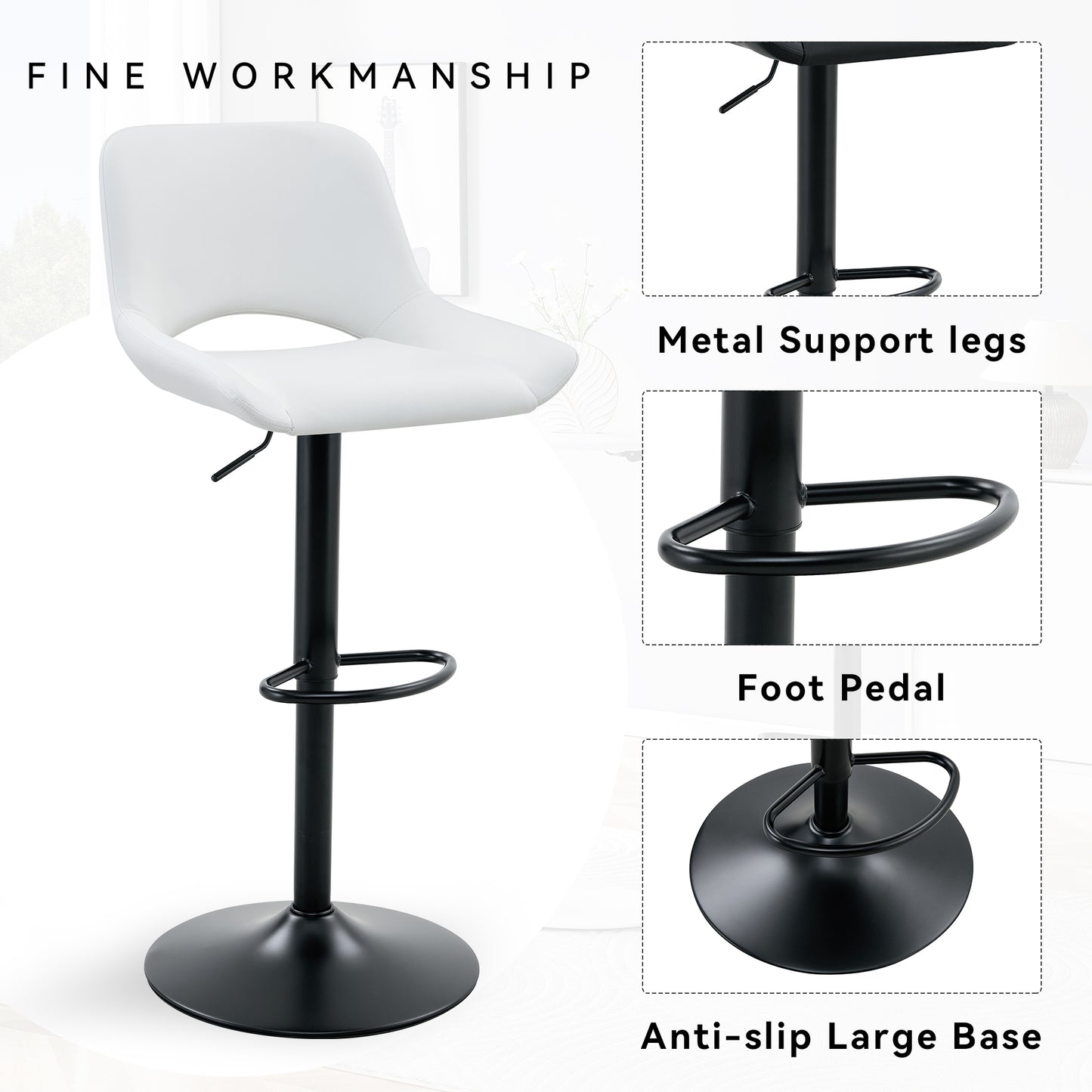 Modern Swivel Adjustable Bar Stools Set - 2 Pack, White PU Material, With Footrest, Holds Up To 250 Lbs, Suitable For Home Bars And Kitchen Islands