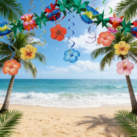 Hawaiian Decorative Flower Set With 6-Petal Blooms & Spirals - Summery Decor For Parties - Party Decorations