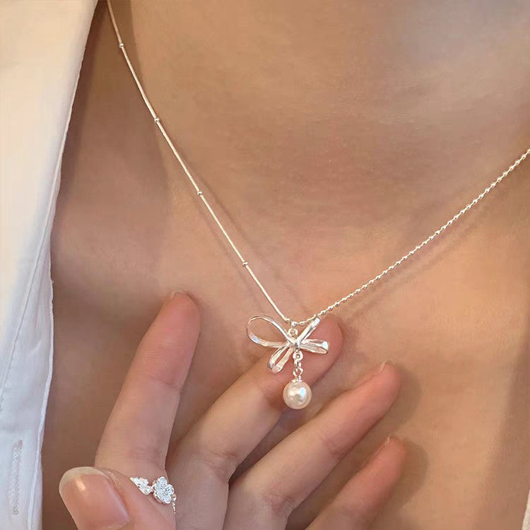 1pc 999 Sterling Silver Hollow Bow Pearl Pendant Necklace, Delicate Minimalist Style, Perfect For Daily Wear & Valentine's Gifts