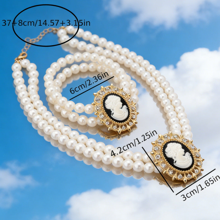 Luxury-style Double-layer Faux Pearl Beauty Portrait Necklace And Bracelet Set