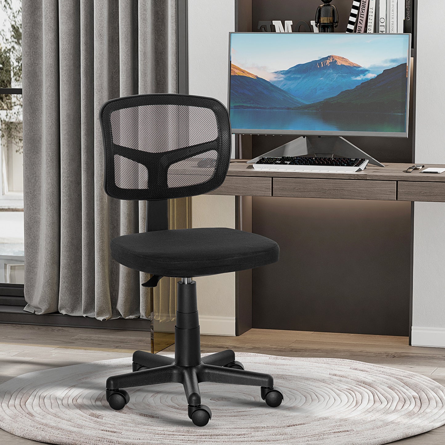 Vinsetto Small Office Chair Without Arms, Ergonomic Swivel Mesh Desk Chair With Curved Back And Wheels, Height Adjustable, For Home Vanity Computer Dressing Table Study Bedroom, Holds Up To 120 Kg