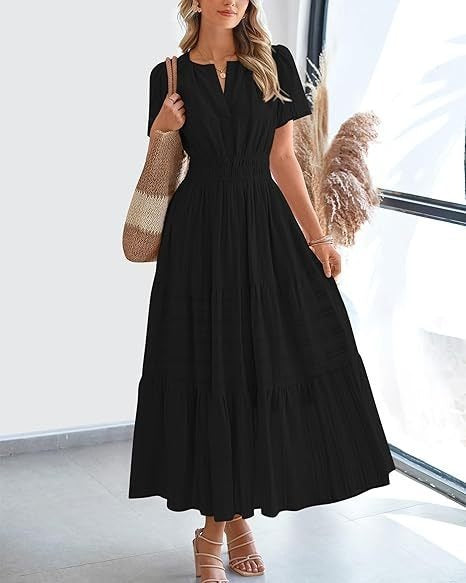 Spring Summer New Arrival Women's Dress, Fashion V-Neck Ruched Puff Sleeve Tiered Swing Dress