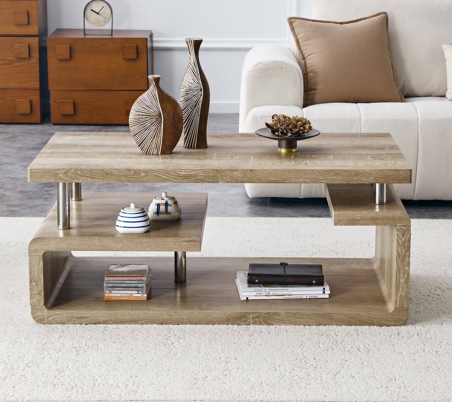 MDF Coffee Table With Carved Knife Wood Grain, Multi-Storage Open Compartments Coffee Table For Living Room Office Modern Home Decor