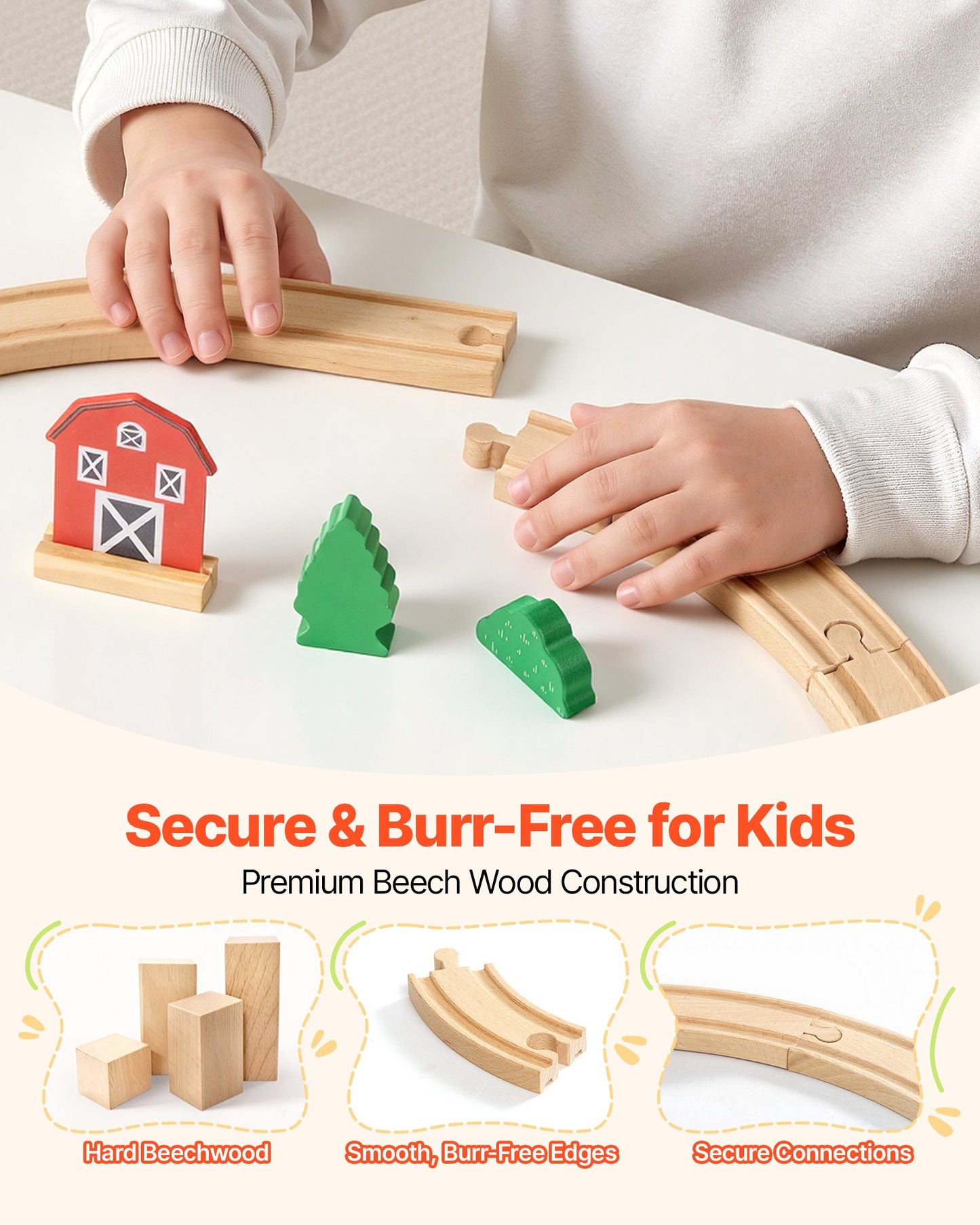 Wooden Train Set, 39PCS, Wood Train Track With Magnetic Trains And Railway Accessories, Compatible With Major Brands, Small Town, Christmas Birthday Toy For Kids Toddlers Ages 3-8 Boys And Girls