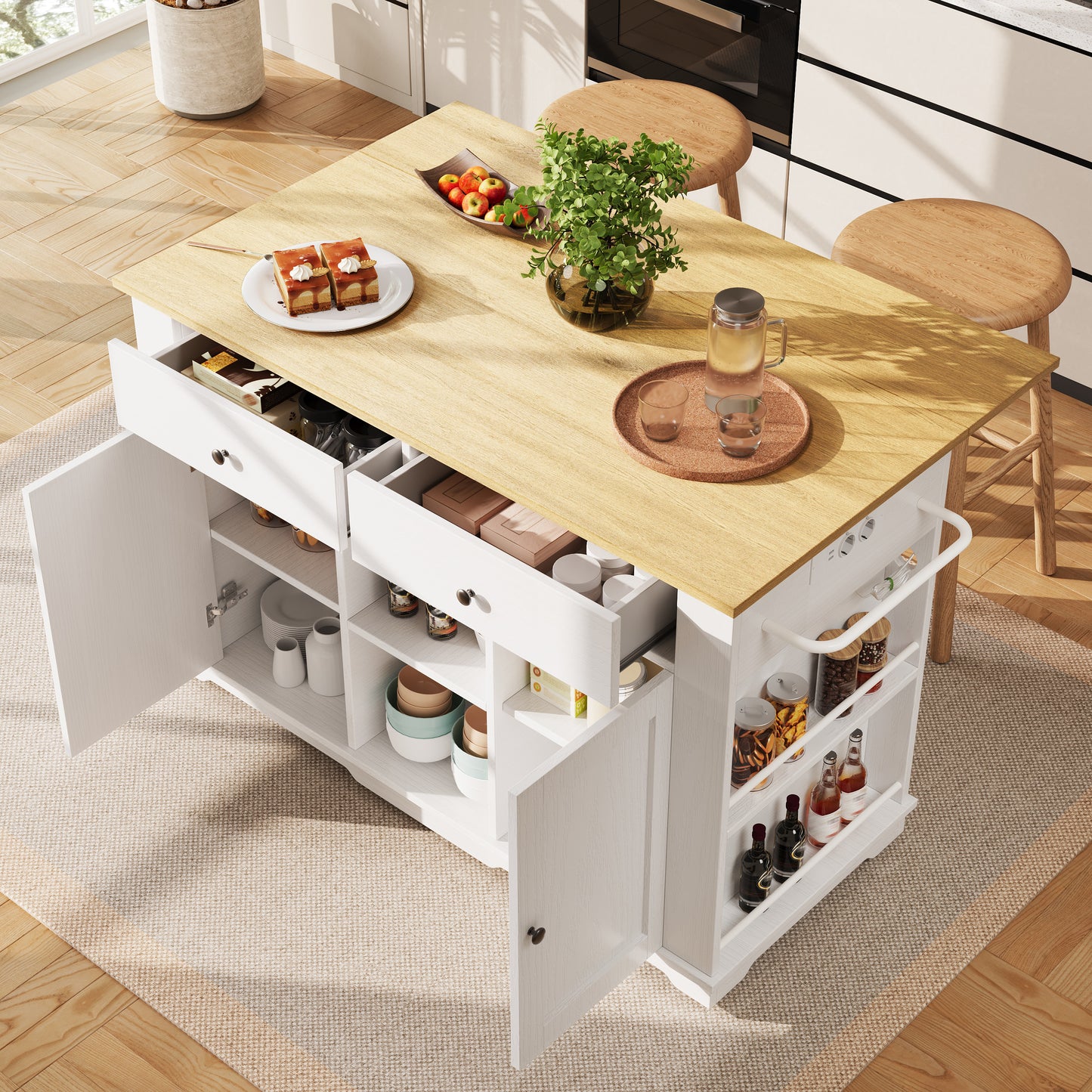 Kitchen Island, Kitchen Trolley Equipped With Power Strip, Kitchen Cabinet, Serving Trolley With Worktop, Buffet Cabinet, Dining Trolley With Wood Grain, Buffet Cabinet, White