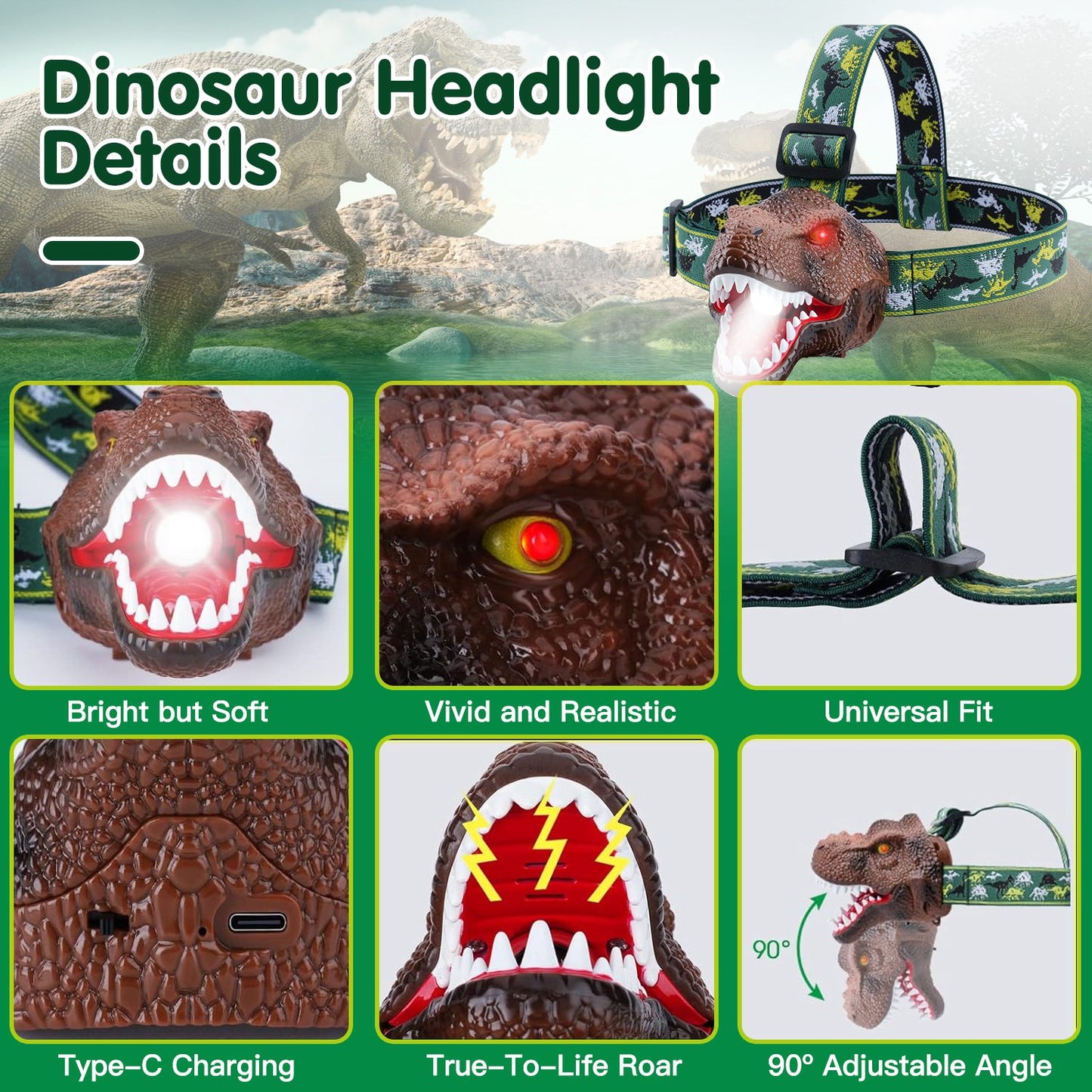 1Pc Dinosaur Headlamp Kids Headlight Dinosaur Flashlight With Realistic Roar Sound 4 Modes Adjustable Headband Kid Camping Gear Unique Gifts For Boys