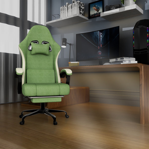 Ergonomic Gaming Chair With Pocketed Spring Cushion, Breathable Fabric Computer Chair With Footrest, Adjustable Lumbar Support Video Game Chair For Adults, Green