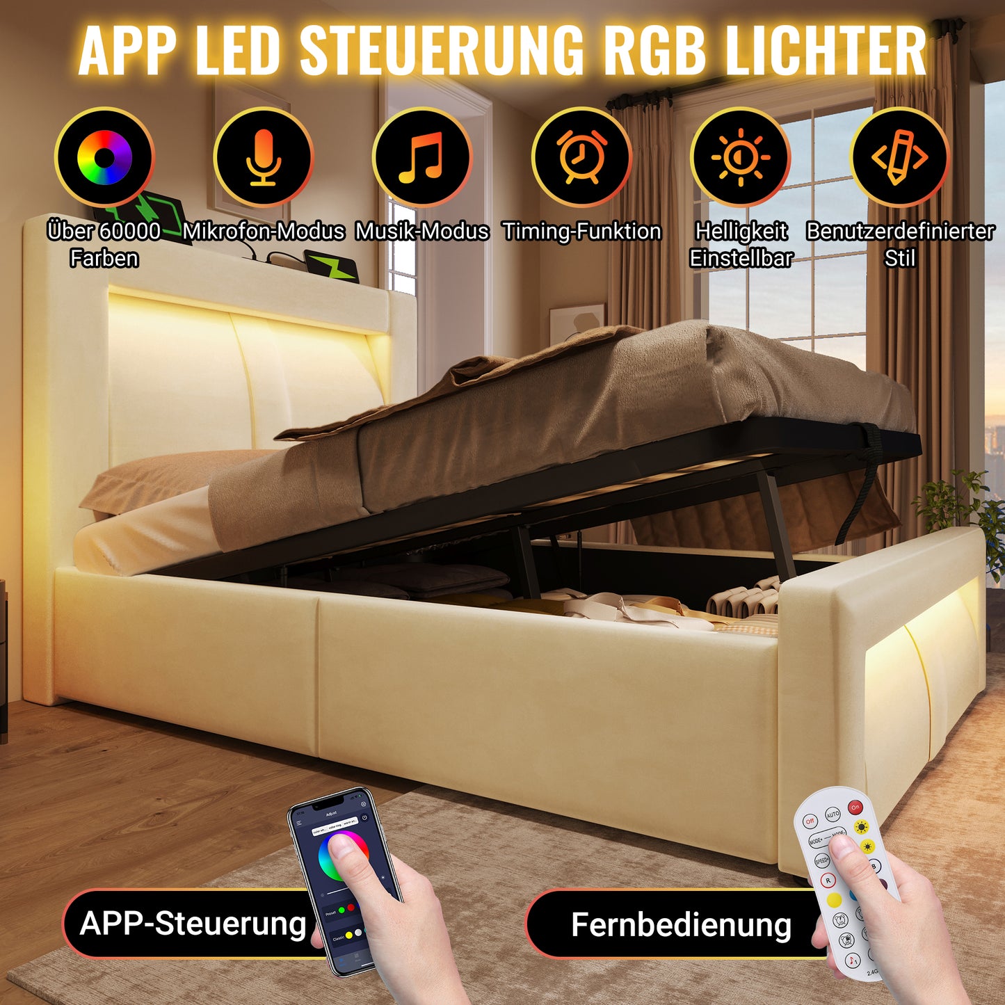 Double Bed 140x200 Cm With Storage, Hydraulic Bed, LED Lighting With App Control, USB & Type-C Charging Ports, Velvet, Headboard With Curved Design, Beige, Without Mattress