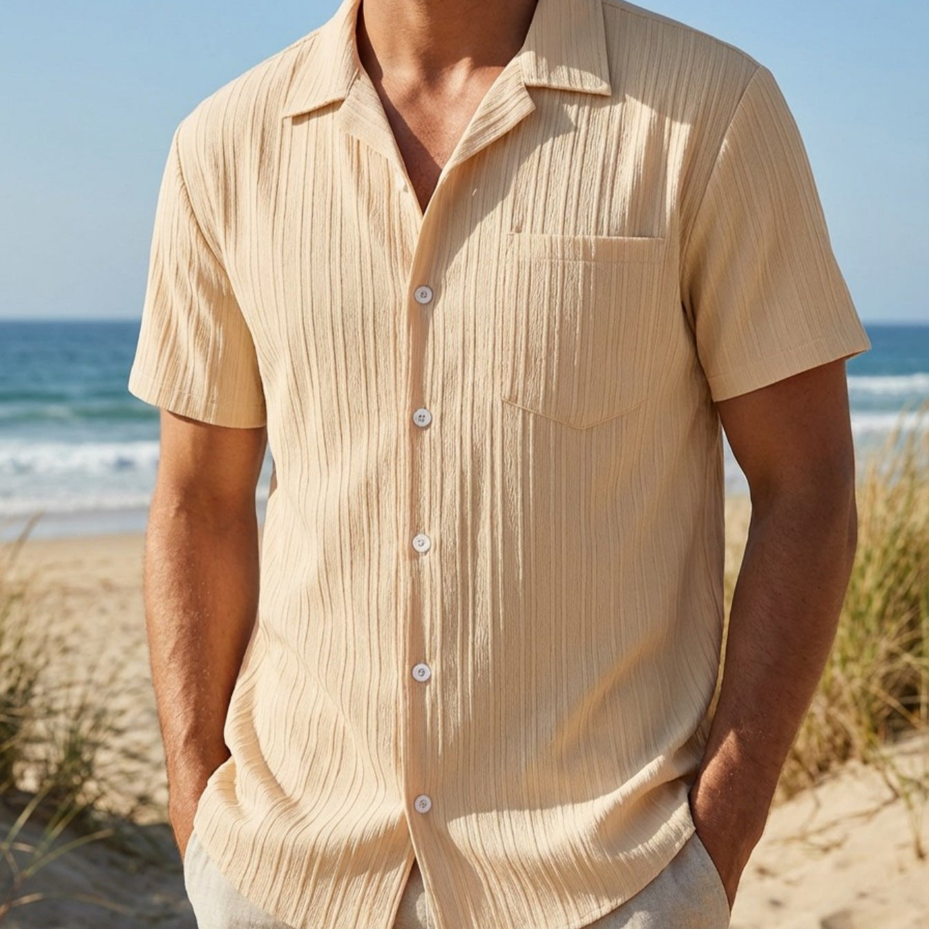 Cross-border Mens Summer Fashion Striped Lapel Beach-fit Casual Shirt Short-sleeve Blouse