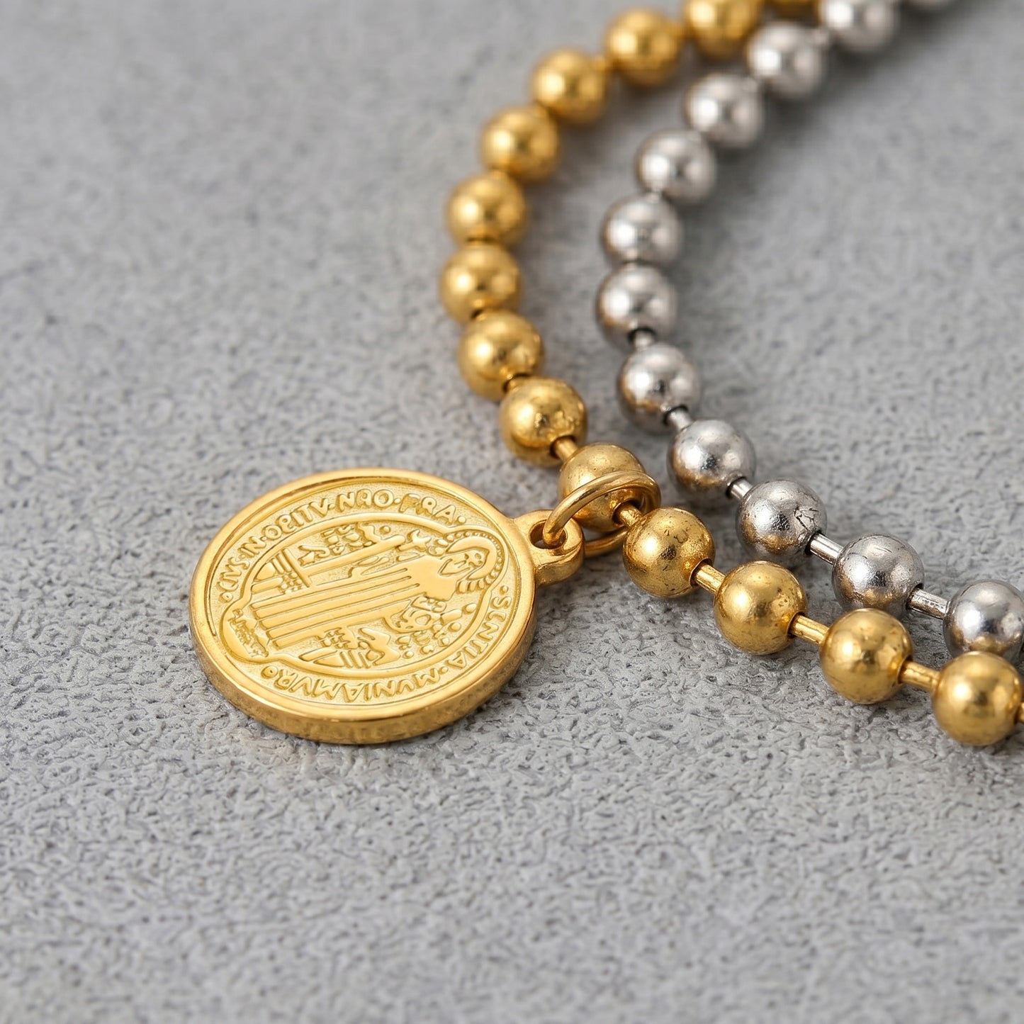 Double Layer St Benedict Bracelet Gold Silver Two Tone Stainless Steel Ball Bead Chain San Benito Medal Protection Charm Catholic Jewelry Religious Gifts For Her