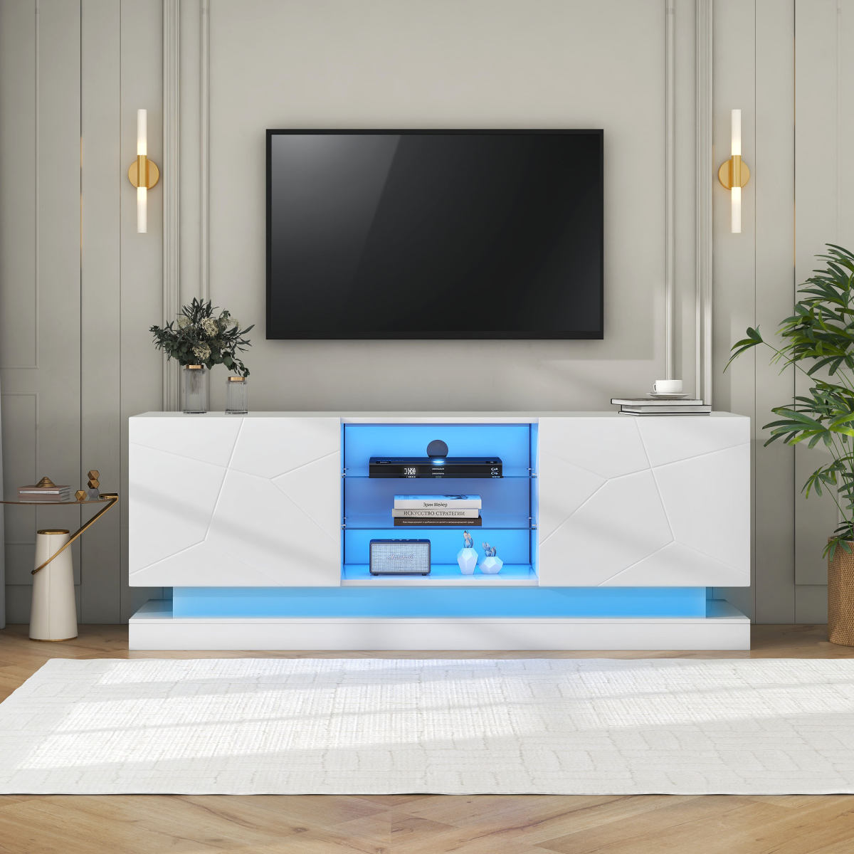 White Frosted TV Stand - 1.6 Meters Length, Adjustable Glass Shelf, 70 Inches Space, Stylish Storage With Silent Hinges