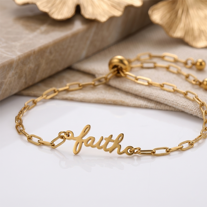 18K Gold Plated Stainless Steel Faith Bracelet For Women, Adjustable Paperclip Chain Script Word Charm Bracelet, Meaningful Religious Gift