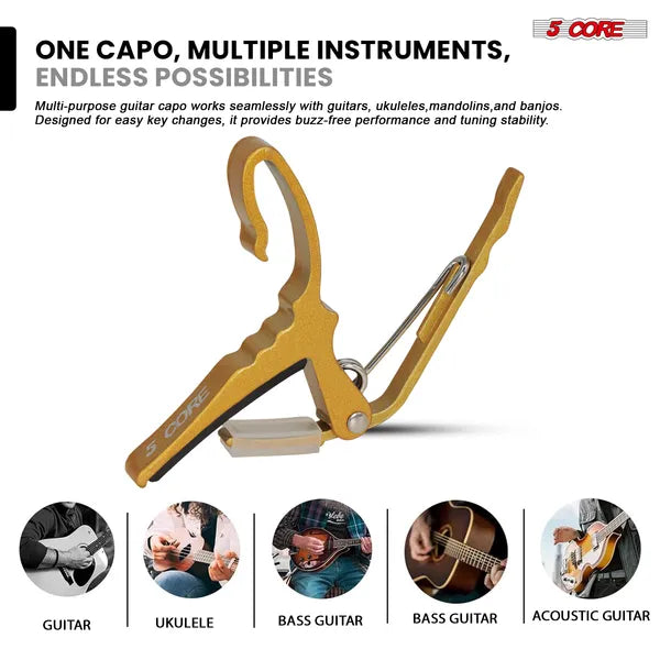 5Core Capo Acoustic Electric Guitar String Clip Banjo Mandolin Or Ukulele + 6Pcs Guitar Picks Celluloid Puas Para Guitarra + Carry Bag - CAPO AL YLW