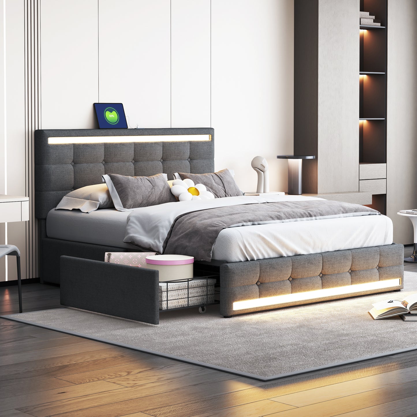 Upholstered Bed 140x200 LED Upholstered Bed With 4 Drawers And 2 USB Charging Stations, Bed Frame With LED Headboard Footboard, Upholstered Platform Bed With Storage, Linen Fabric Grey