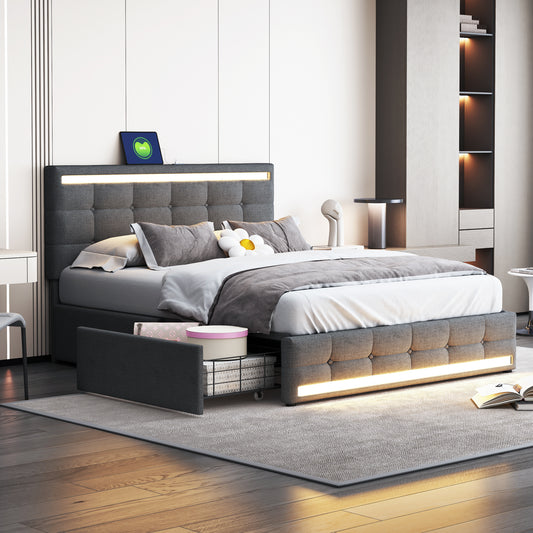 Upholstered Bed 140x200 LED Upholstered Bed With 4 Drawers And 2 USB Charging Stations, Bed Frame With LED Headboard Footboard, Upholstered Platform Bed With Storage, Linen Fabric Grey