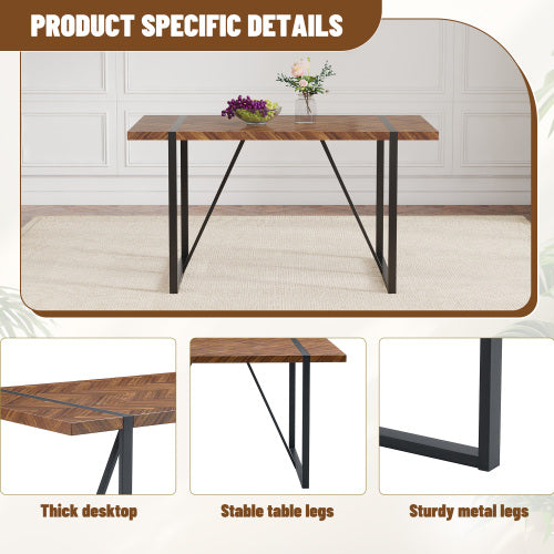 A Minimalist Retro Rectangular Dining Table With A Specially Textured Top And Black Metal Legs.Contemporary Minimalist MDF Dark Wood Textured Tabletop.Able To Give People A Visual Beauty With Rules.