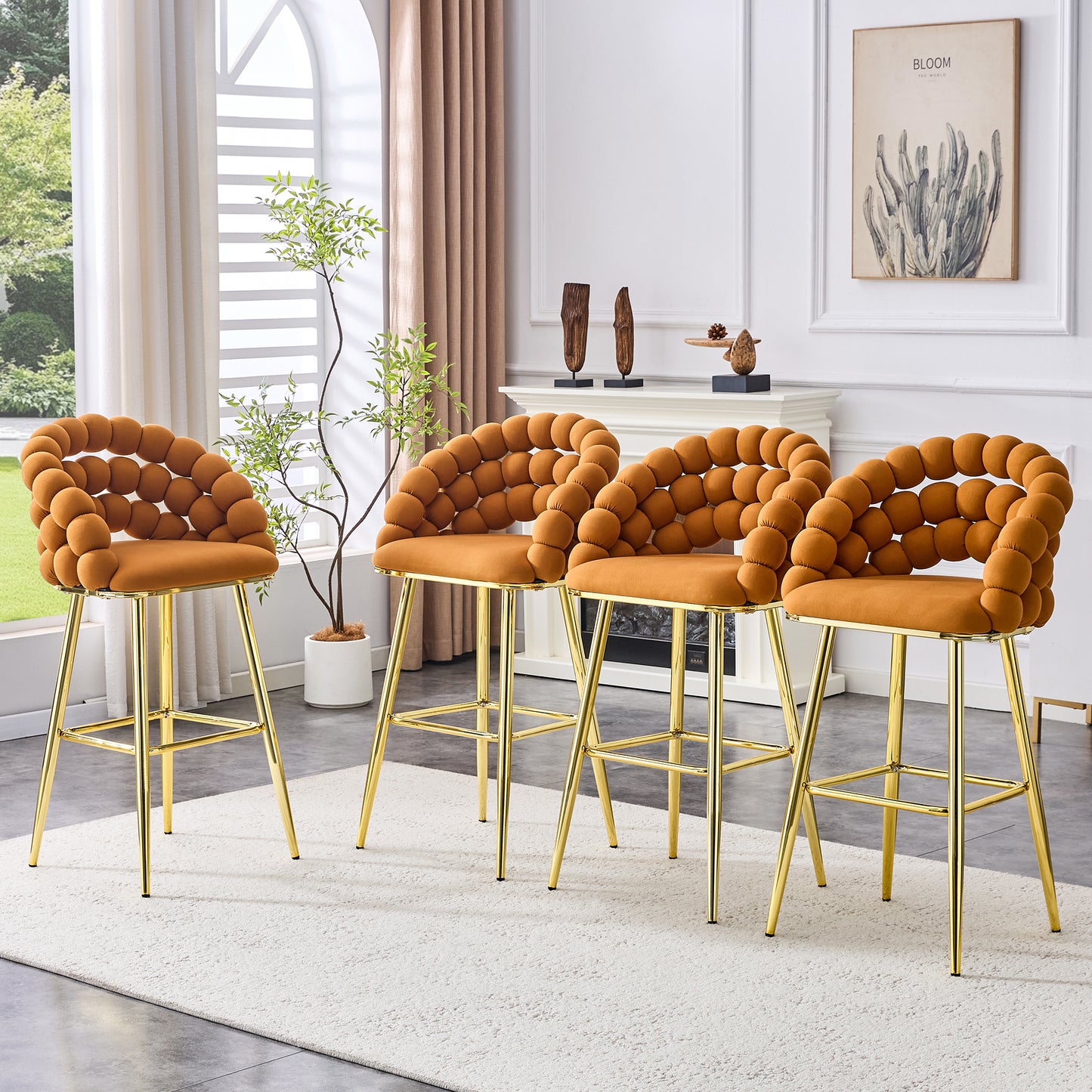 Set Of 2 Orange Puffy Bubble Chair Ball Chain Chair Velvet Bar Stools With Gold Legs, Modern Tufted Accent Bar Chairs For Kitchen Island & Home Bar