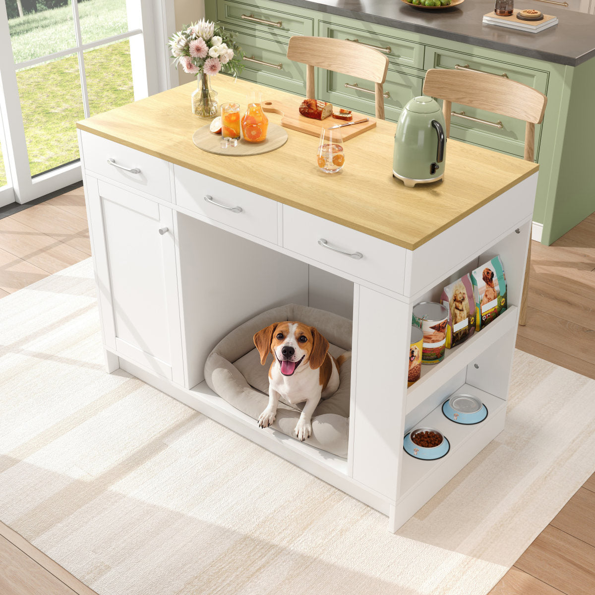 Kitchen Island, Cabinet With 3 Drawers, 1 Spice Rack, Adjustable Shelf Top, Double Shelf  Without Dog Food Plate , Spacious Pet Storage Area  Without Dog Cushion , 120X60X90 Cm, White
