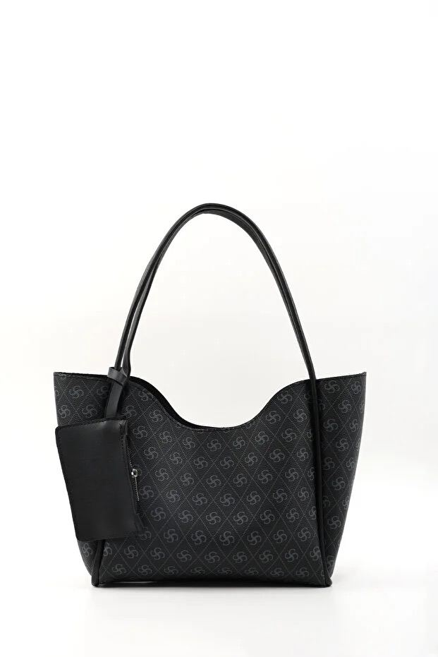 Monogram Black SHK108 Faux Leather Women Hand And Shoulder Bag With Wallet And Makeup Bag