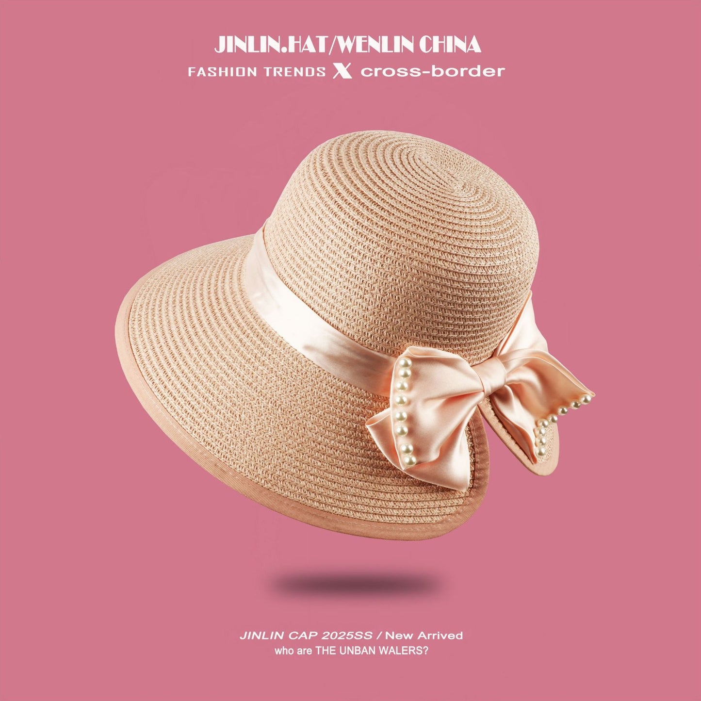 Split-front Straw Hat With Pearl Trim Korean Style Sun-protective