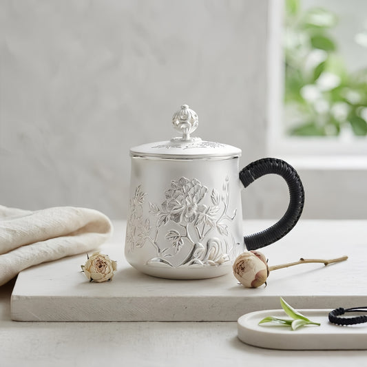 925 Sterling Silver Ornate Handcrafted Silver Tea Mug Featuring Floral Relief, Decorative Lid, and Black Braided Handle - Handicraft