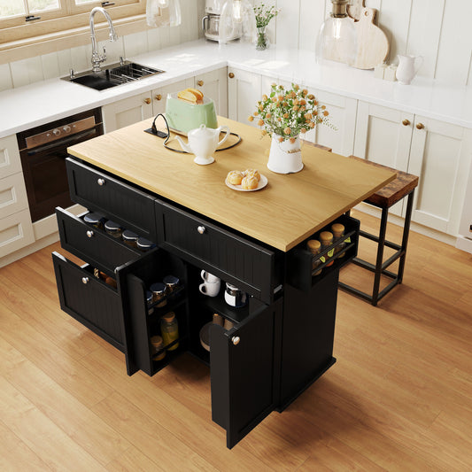 Available TOPMAX Farmhouse Kitchen Island With Drop Leaf And 2 Seatings, Kitchen Table Set With Storage Cabinet, Drawers, Door Shelves And Power Outlet, Black