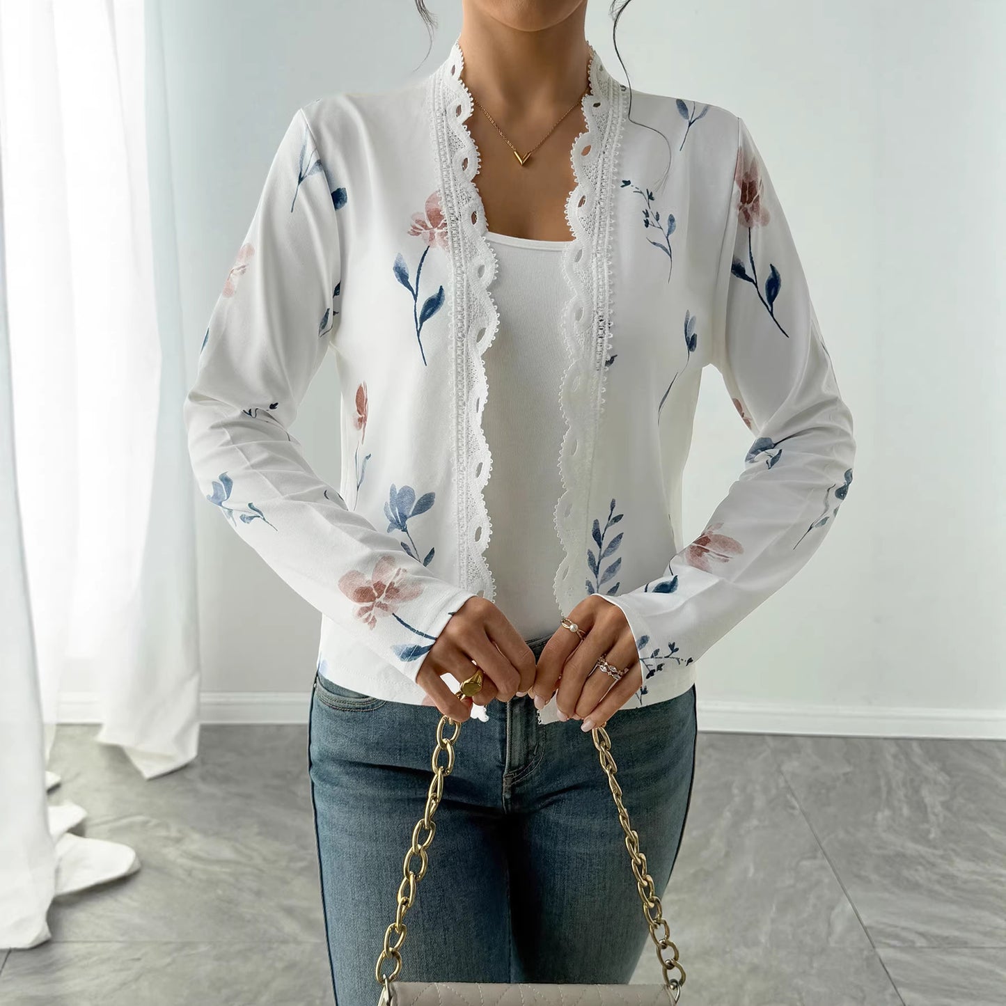 Elegant New Long-sleeved Printed Knit Cardigan