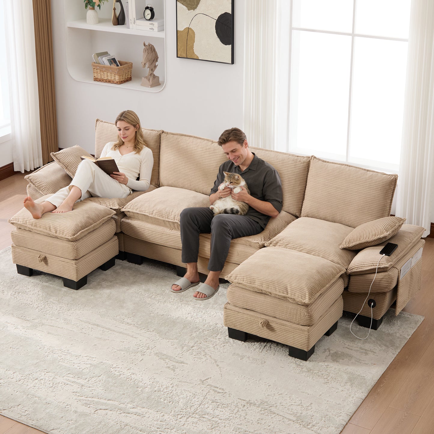 Modular 4-seater Corduroy Sofa  With 2 Stools Wide Seat, Ergonomic Design, High-density Foam Padding, USB-C Port And Side Pockets. Ideal For Living Room, Office Or Lounge.khaki