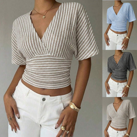 V-neck Knitted Fashion Casual Womens Striped