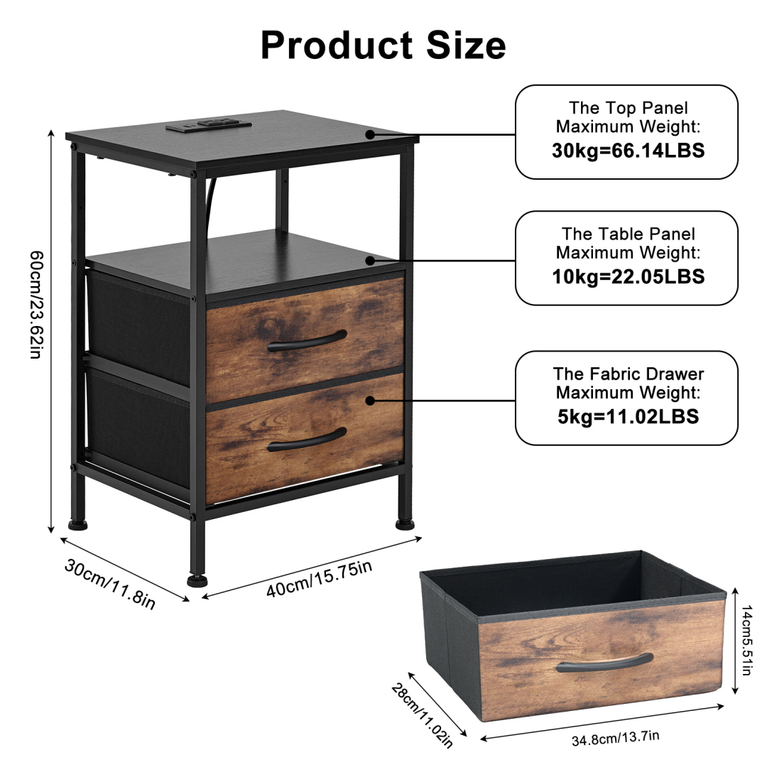 A Small Bedside Table With A Charging Station And Two Fabric Drawers, And A Side Bedside Table