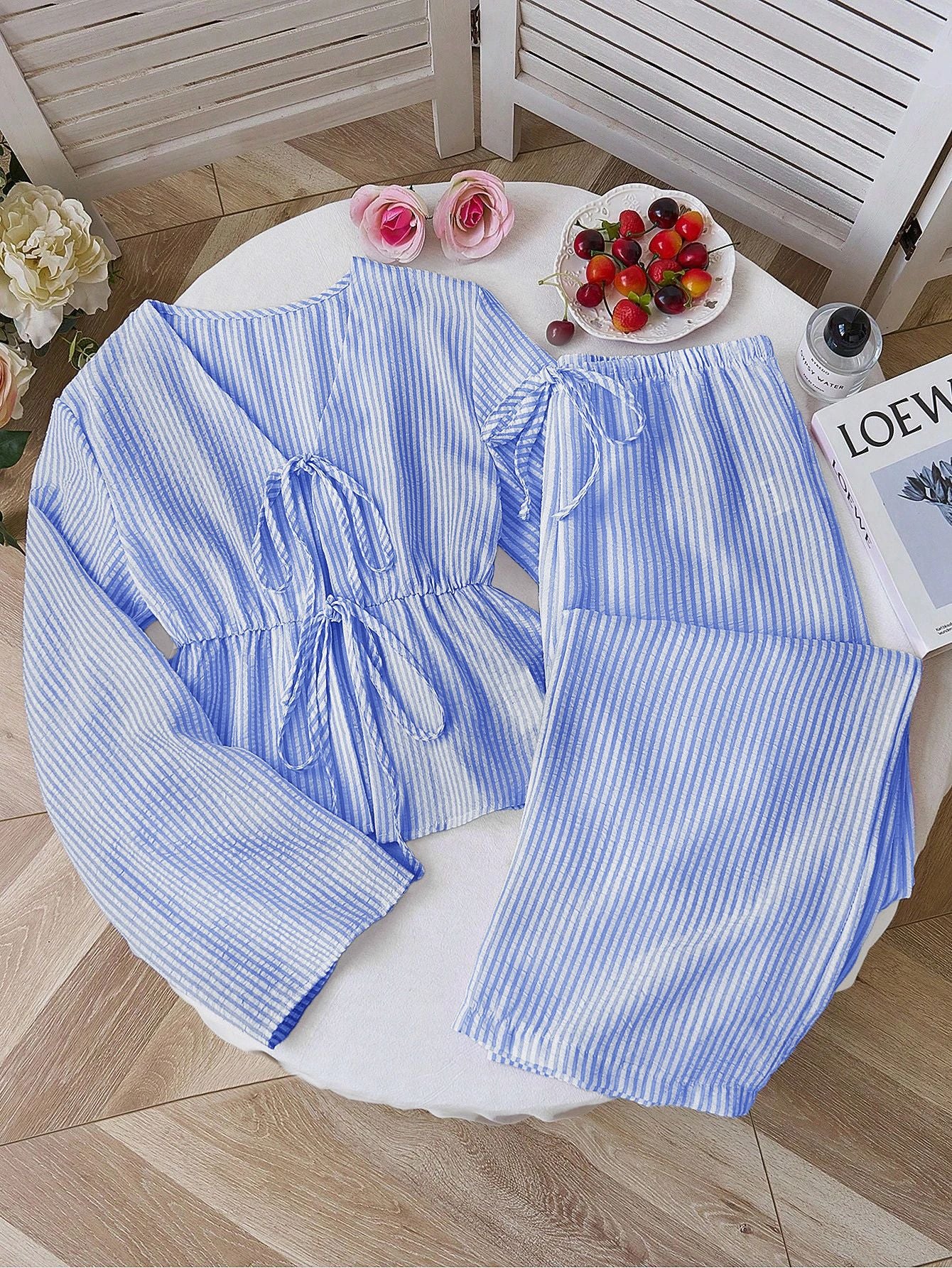 New Stylish Premium-feel Striped Loose-fit Belted Top With Casual Long-sleeve Set
