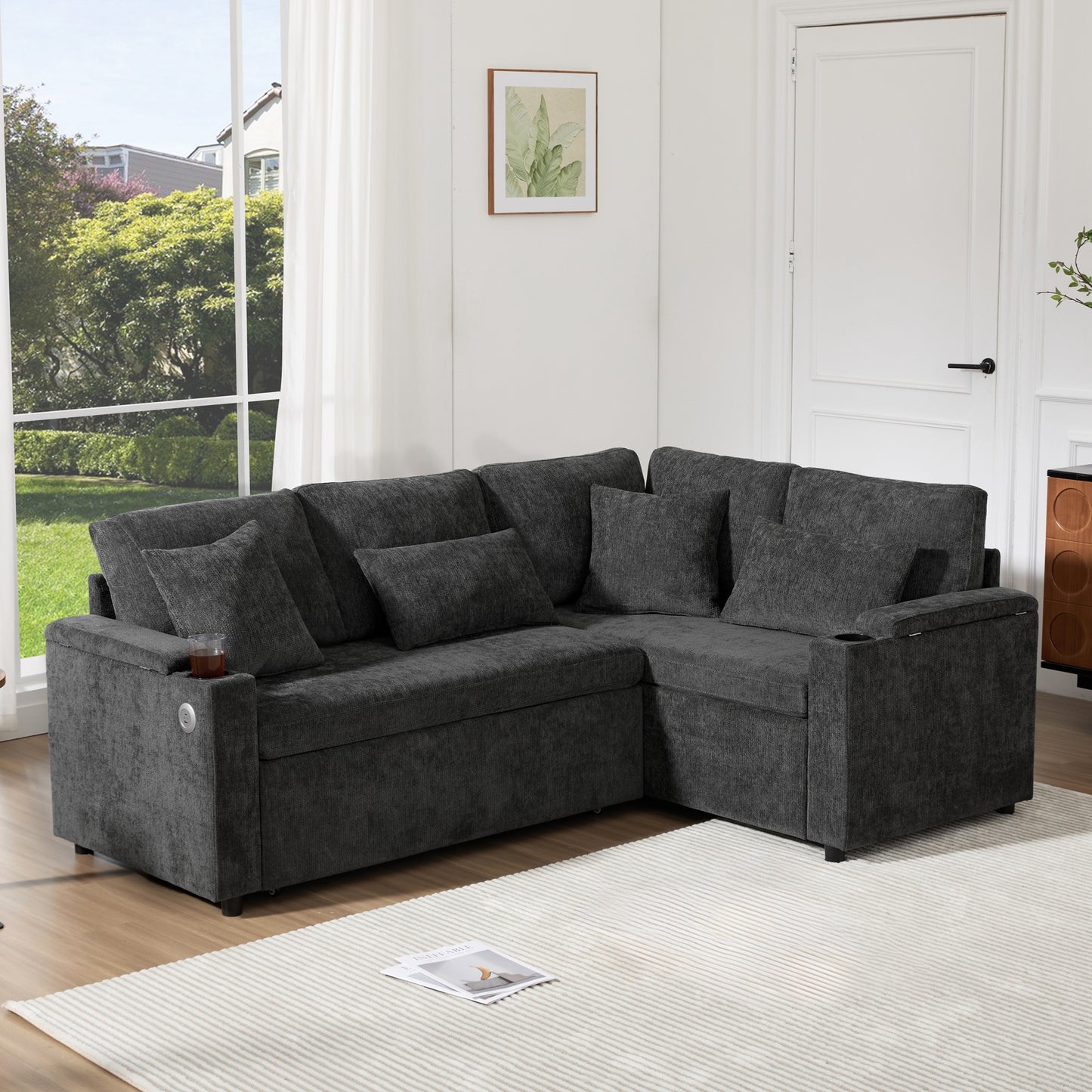 L Shaped Extendable Convertible Corner Sofa With Storage, Cup Holders, USB Charging Port, Armrest Tray And 4 Cushions, Ideal For Living Room, Guest Room And Home Cinema, Grey