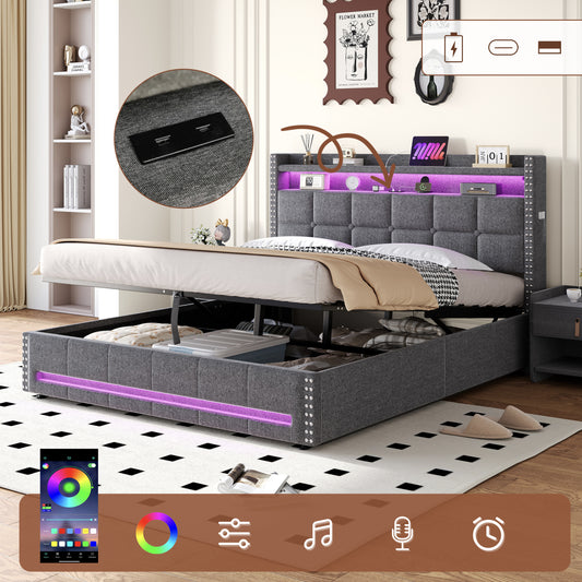 4ft6 Double Upholstered Bed With Hydraulic Storage, LED Rivet  Storage Bed With Charging Station, Button Tufted Headboard With USB And Type - C Ports, No Box Spring Needed, Linen,  Grey   No Mattress