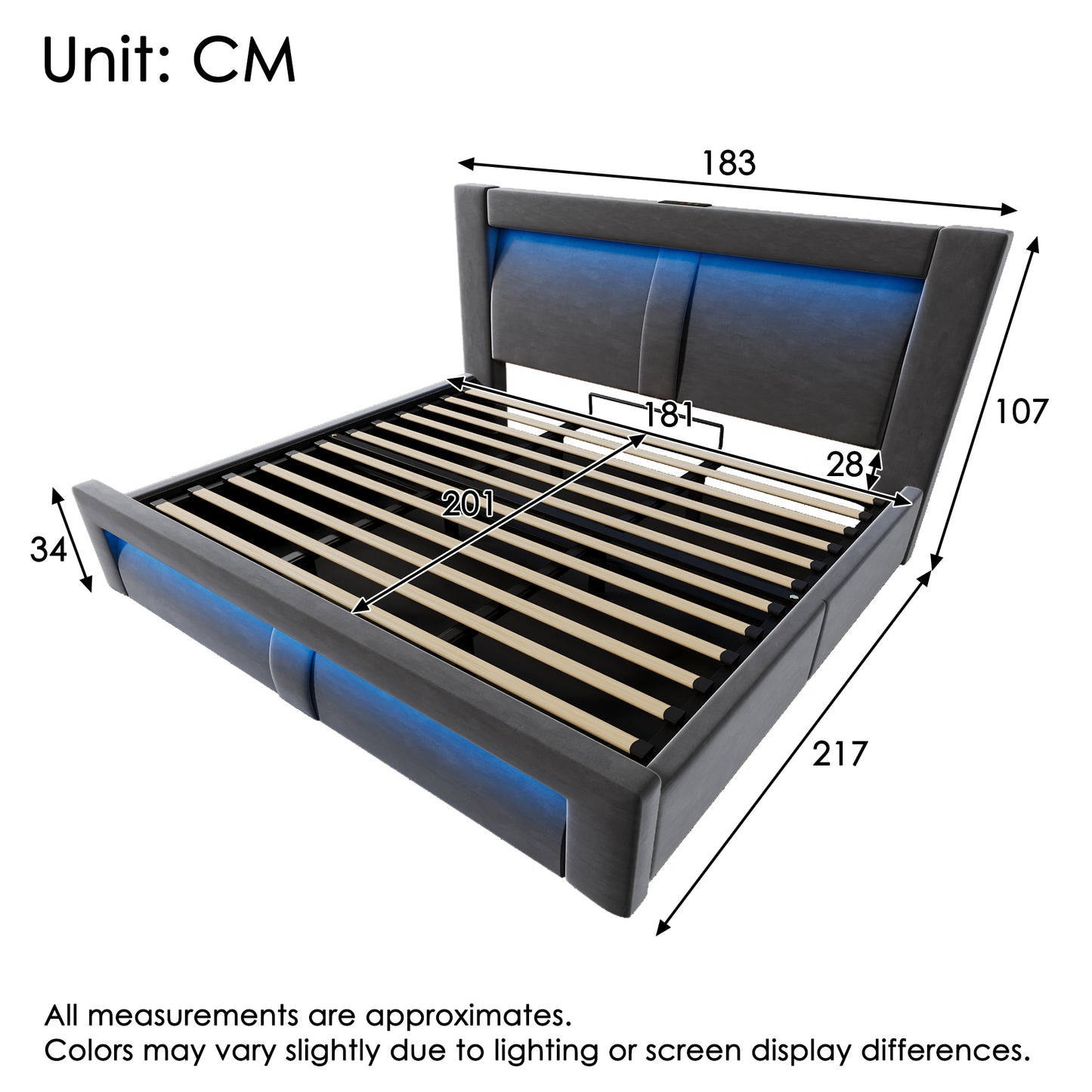 Double Bed 180x200 Cm With Storage, Hydraulic Bed, LED Lighting With App Control, USB & Type-C Charging Ports, Velvet, Headboard With Curved Design, Grey, Without Mattress