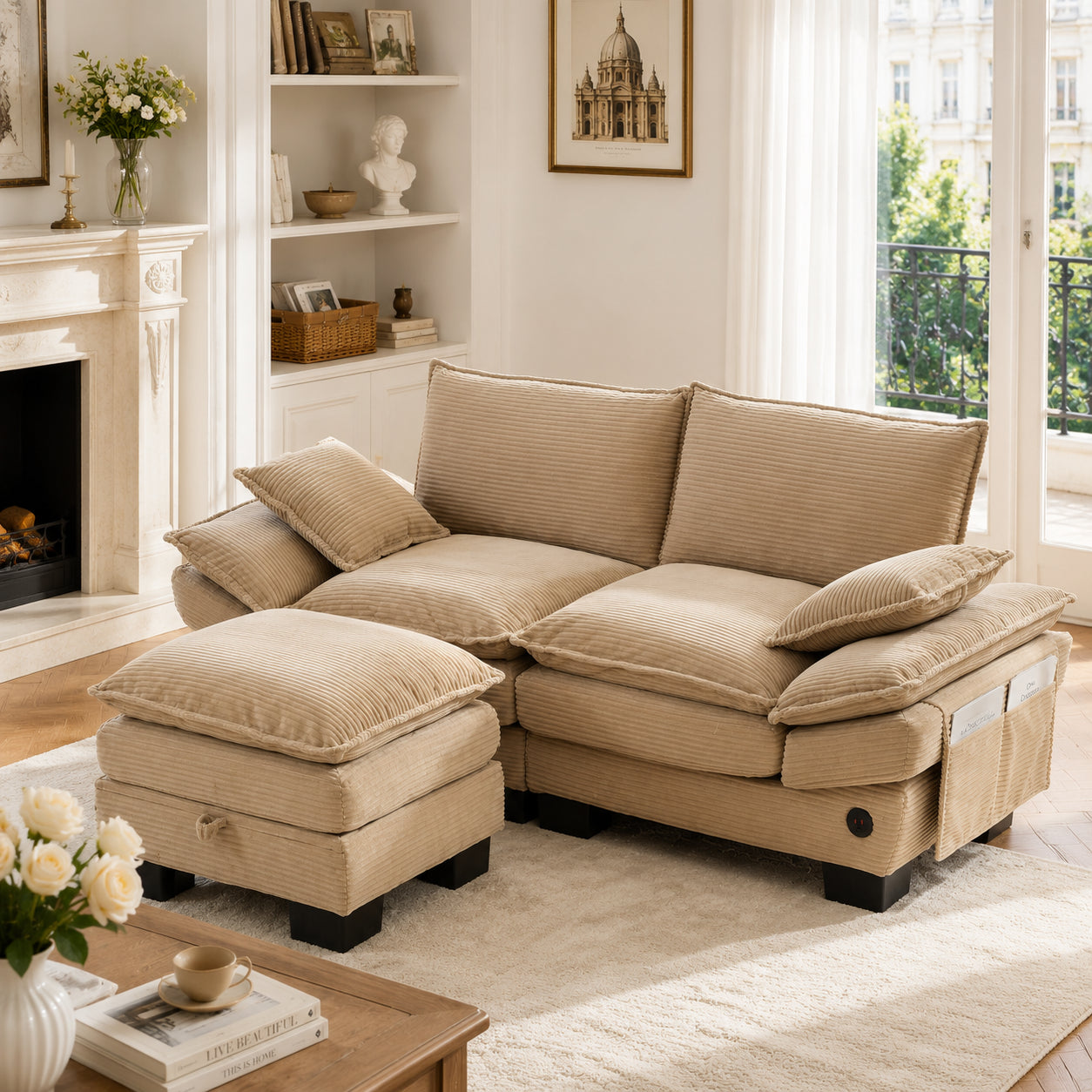 Modular 2-seater Corduroy Sofa  With Stool  Wide Seat, Ergonomic Design, High-density Foam Padding, USB-C Port And Side Pockets. Ideal For Living Room, Office Or Lounge.Khaki