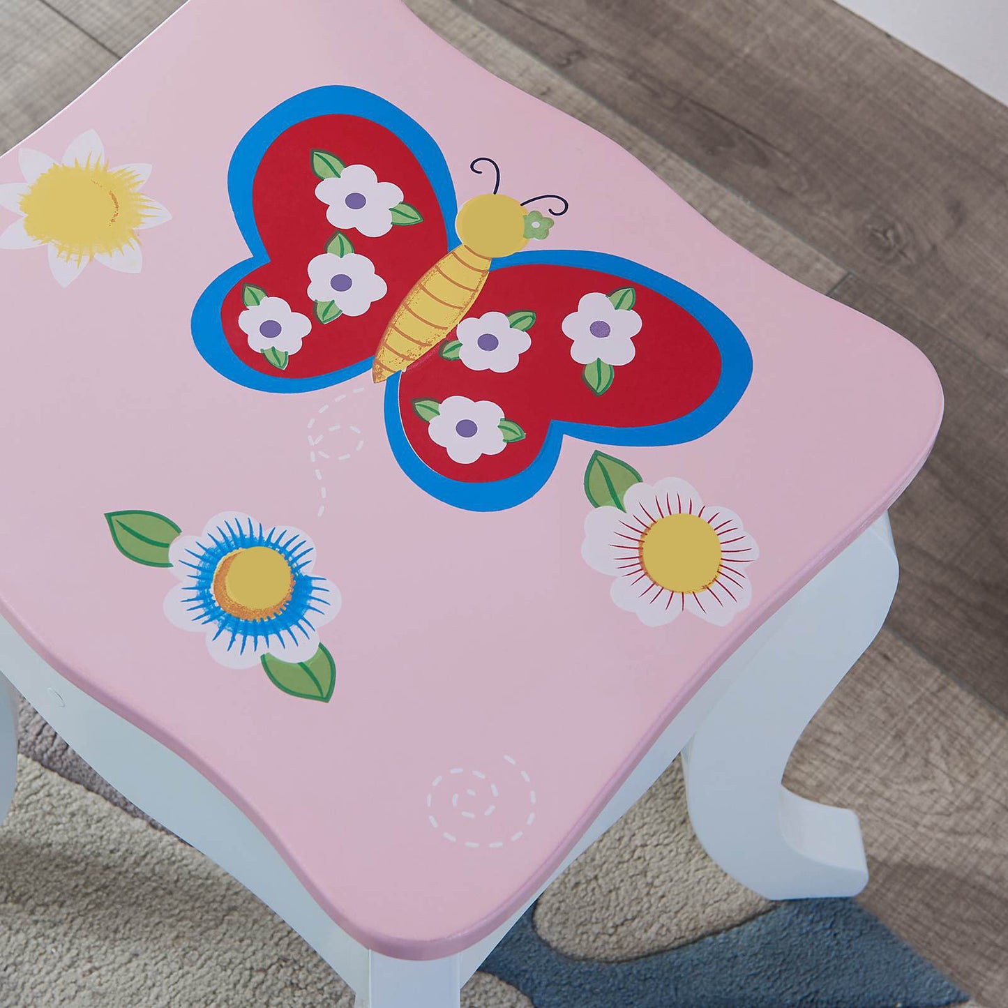 Kids Vanity Set Floral Printed Wooden Makeup Dressing Princess Table With Mirror And Stool For Role Playing Pink