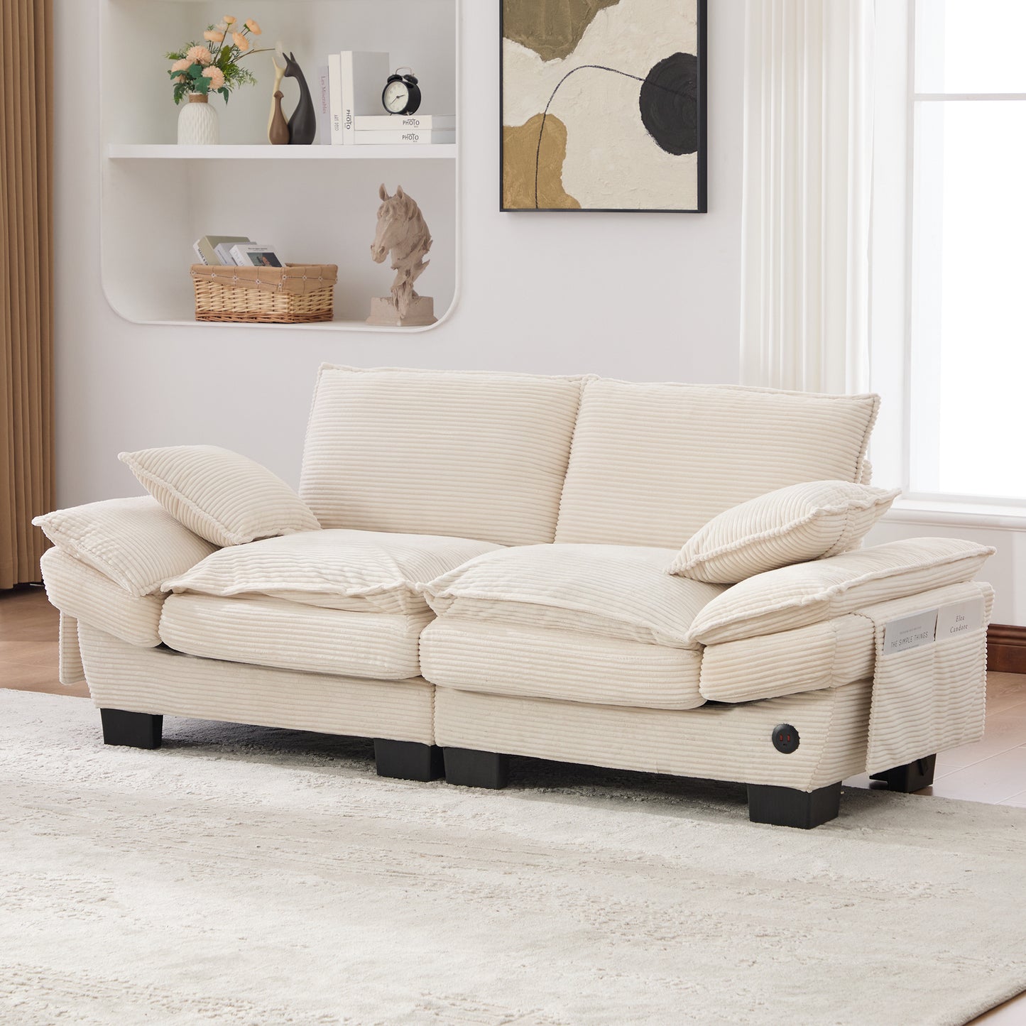 Modular Corduroy Sofa For 2 People With A Wide Seat, Ergonomic Design, High-density Foam Padding, USB-C Port And Side Pockets. Ideal For Living Room, Office Or Lounge.Beige