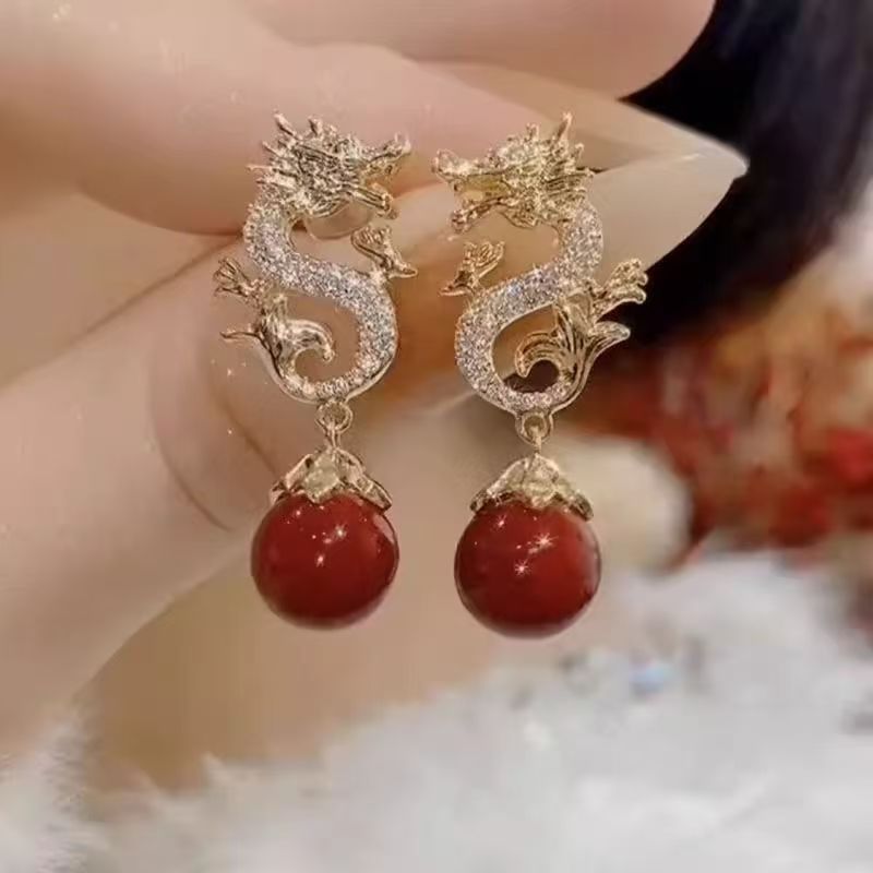 Women's Red Bead Pendant Dangle Earrings, Festive New Year Ear Jewelry, Niche Designer High-End Temperament Stud Earrings