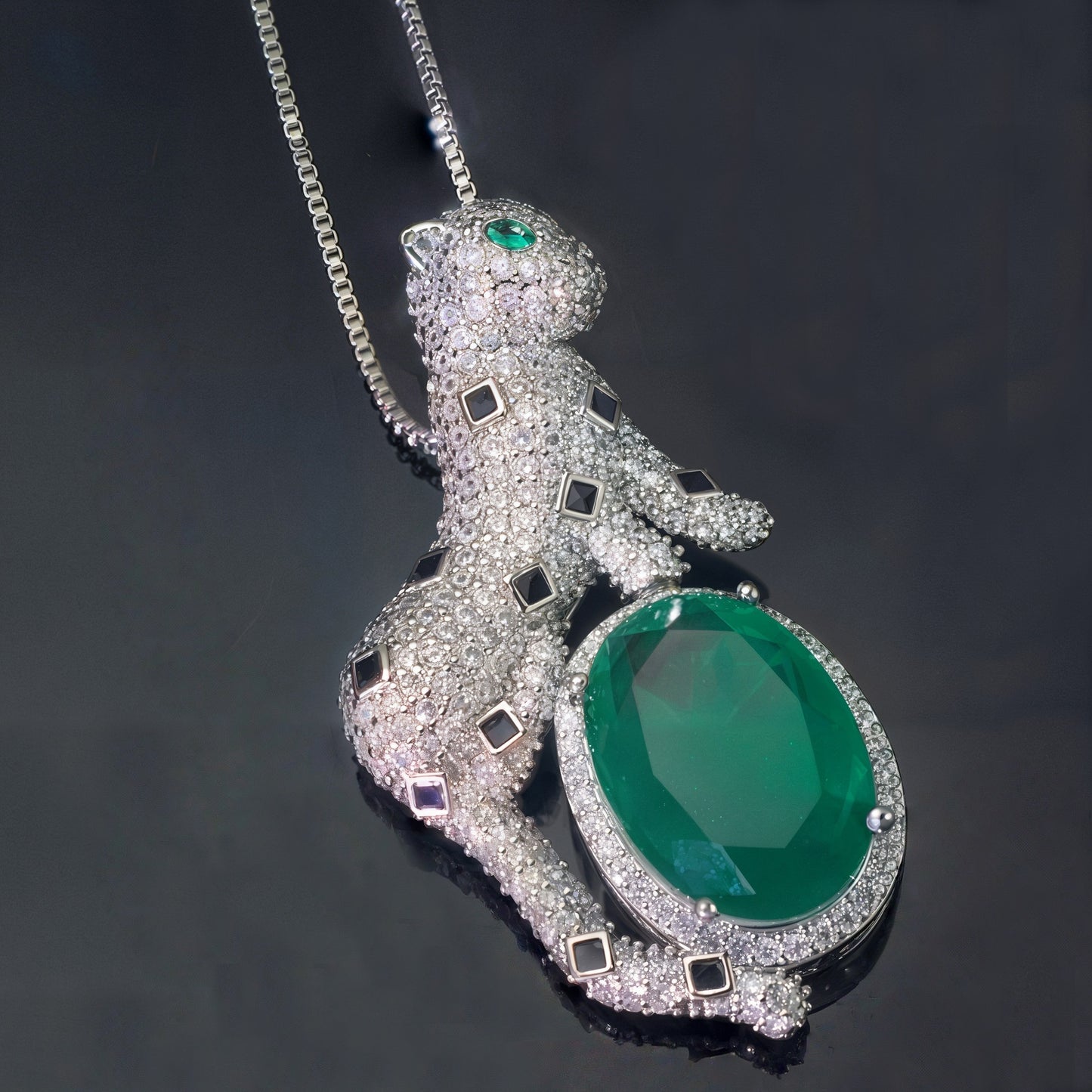 Luxury Leopard Pendant Necklace For Women, Copper Plated Silver Oval Simulated Emerald With White & Black CZ Panther Animal Statement Jewelry Gift