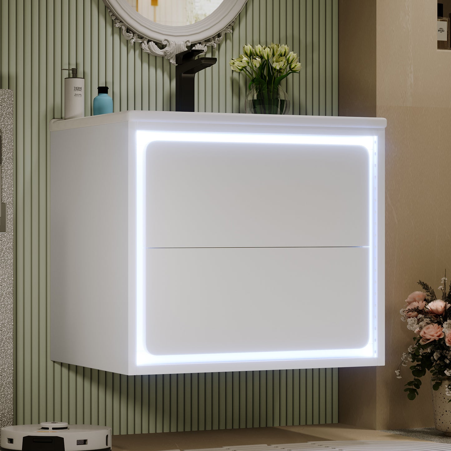60x46x50cm Wall Mounted Bathroom Cabinets, Full Finish, LED  Sensor Lighting, Two Drawers, Quiet Slide Rails, Vanity Unit, Integrated Sink, White