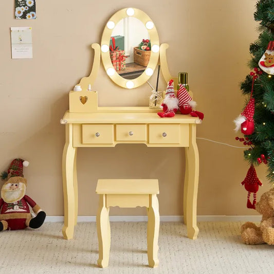 Kids Vanity Set With Mirror And Lights And Stool, 5 Storage Drawers, Pretend Play Princess Makeup Desk Dressing Table And Stool Set For Little Girls Age 3, Macaroon Orange