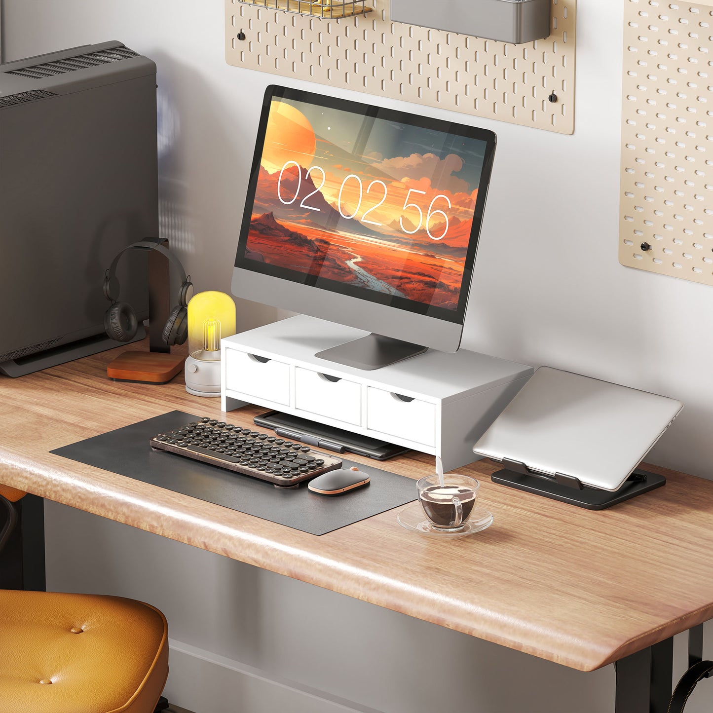 Monitor Stand Riser With 3 Drawers, Monitor Riser For Laptop, Computer, PC, Small Printer, 51 X 24 X 13cm, White
