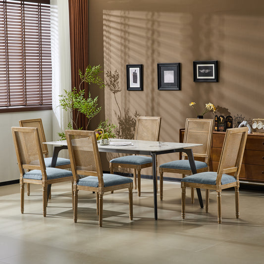 Set Of 6  French Country Dining Chairs - Elegant Cane Backrest & Upholstered Seats With Fluted Legs - Rustic Weathered Finish - Solid Rubberwood Frame - Vintage Inspired Kitchen & Dining Room Chairs