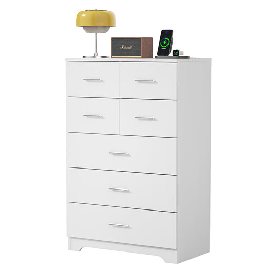 Wooden 7-Drawer Storage Cabinet With Built-In Outlet Durable Organizer For Bedroom, Living Room, And Office