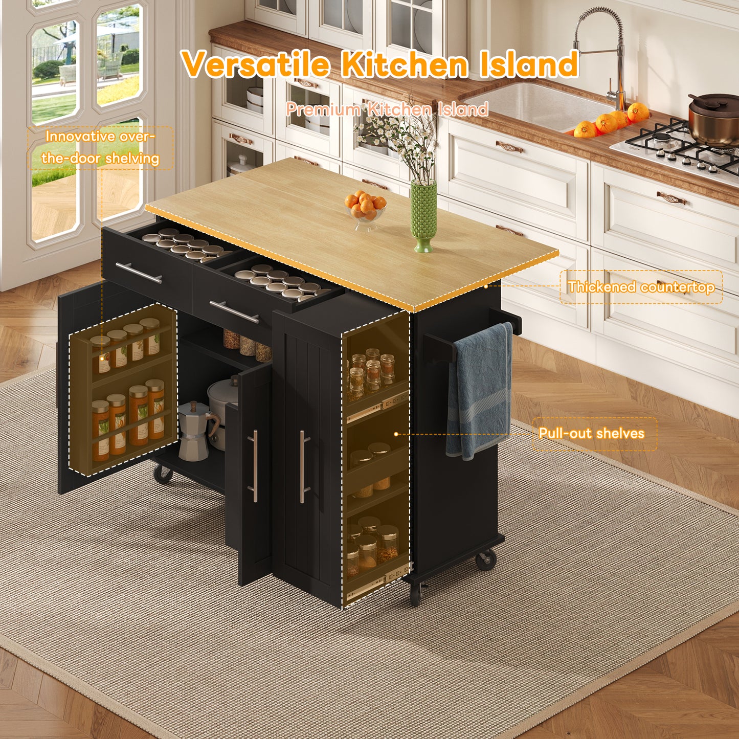 Kitchen Island With Drop Leaf, Storage Trolley With 3-tier Pull-out Cabinet Organizer, Internal Storage Rack, Rolling Cart With Towel Holder & 2 Drawers For Dining Room, Black