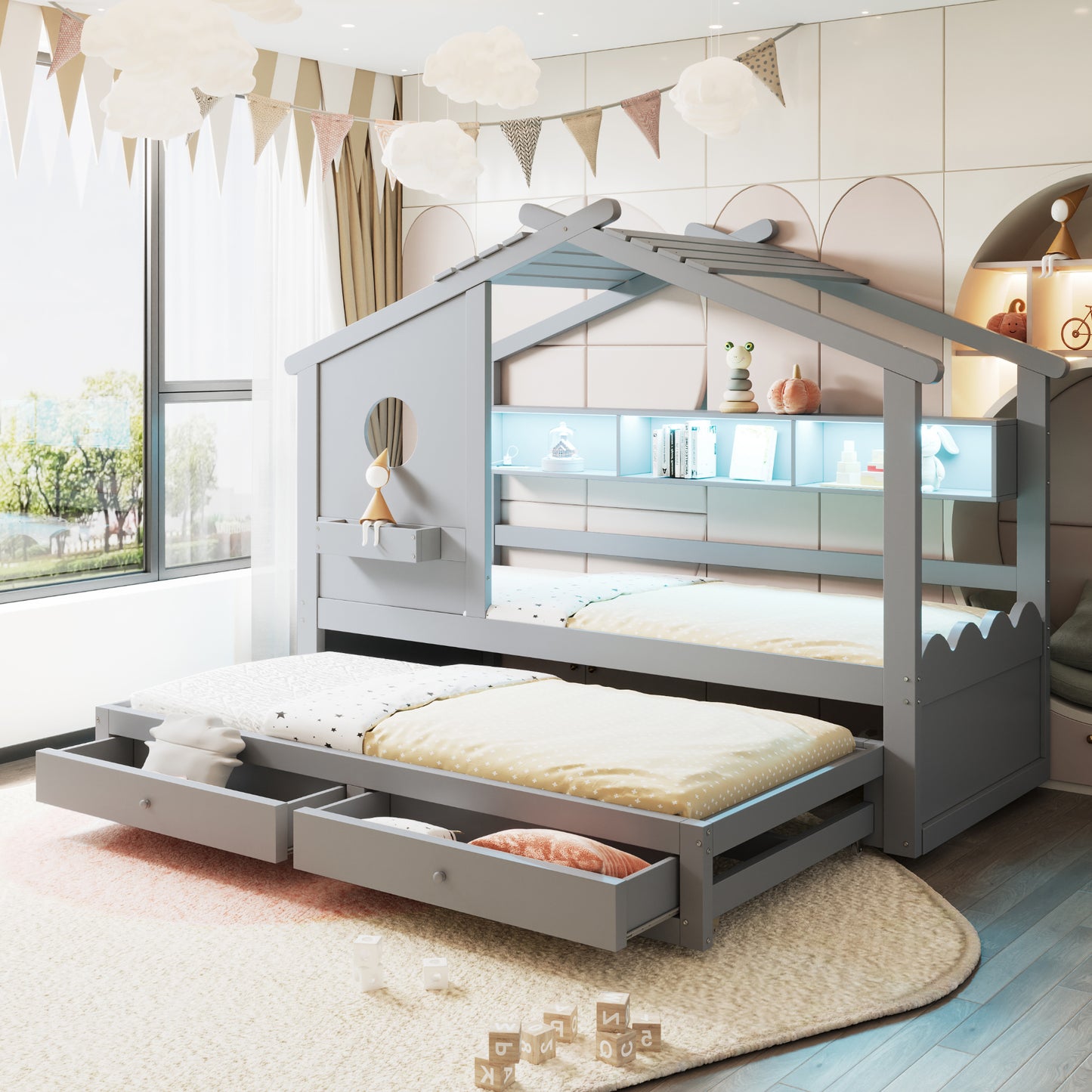 Cot 90X200, With Trundle Bed 90X190, House-shaped Design, With Two Drawers, With USB And Type-C Charging Ports And LED, With Shelves, Multifunctional Bed, Gray