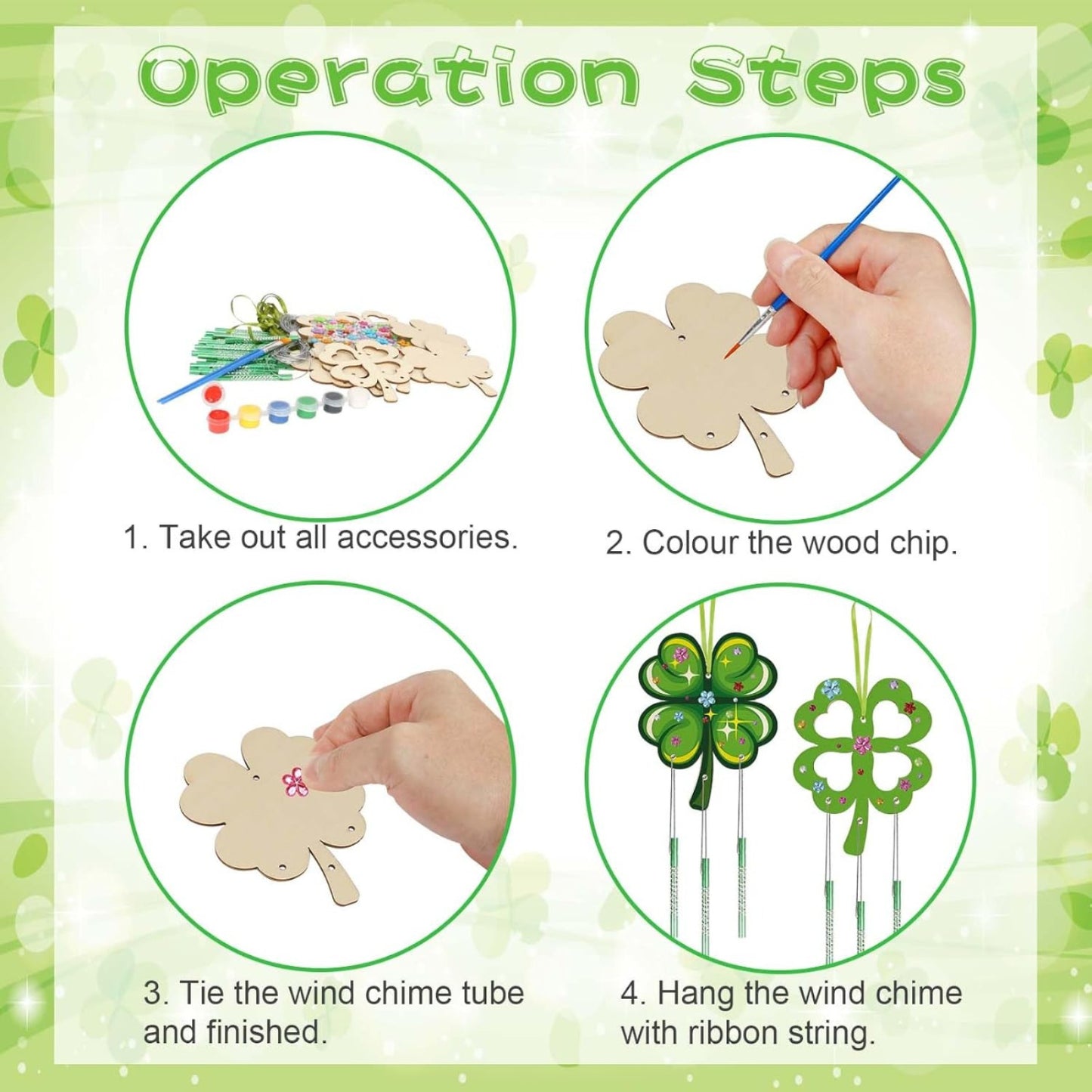 58-Piece DIY Craft Set For Four-Leaf Clover Wind Chime With Wooden Leaves, Silver Wire, And Accessories—Party Accessory Set
