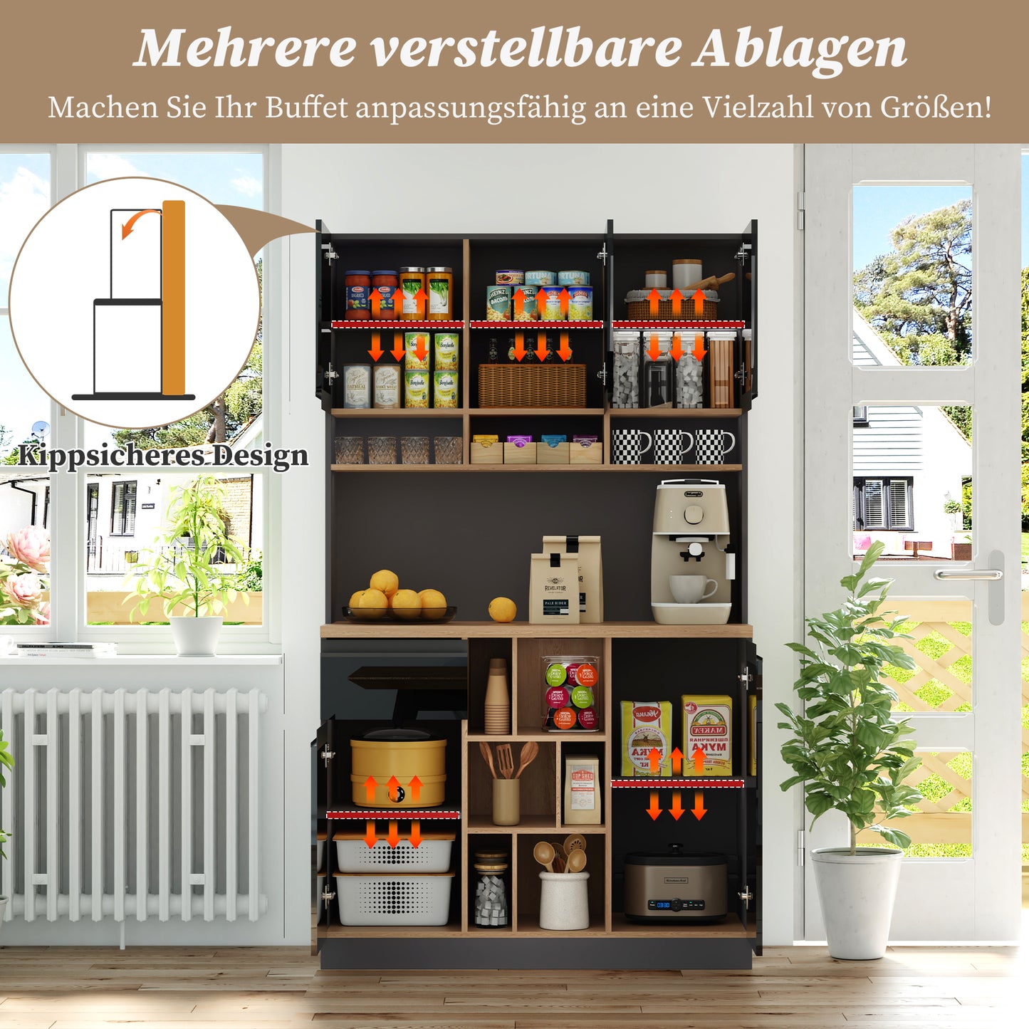 105x45x185cm, Modern Kitchen Cabinet, Buffet, Sideboard, Grey And Black, Metal Handles, Adjustable Shelves, Drawers, Open Storage, Anti-Tilt Accessories, Suitable For Kitchen, Living Room And Bedroom