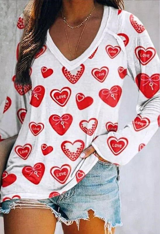 Womens Fashion V-neck Printed Loose-fitting Long-sleeve